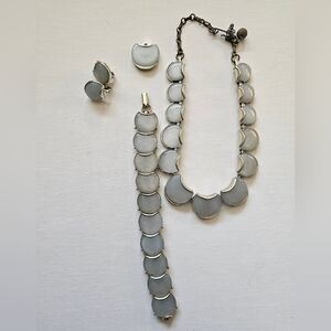 Vintage Thermoset Light Blue Fish Scale Moon Cab Necklace, Bracelet, Earring Set